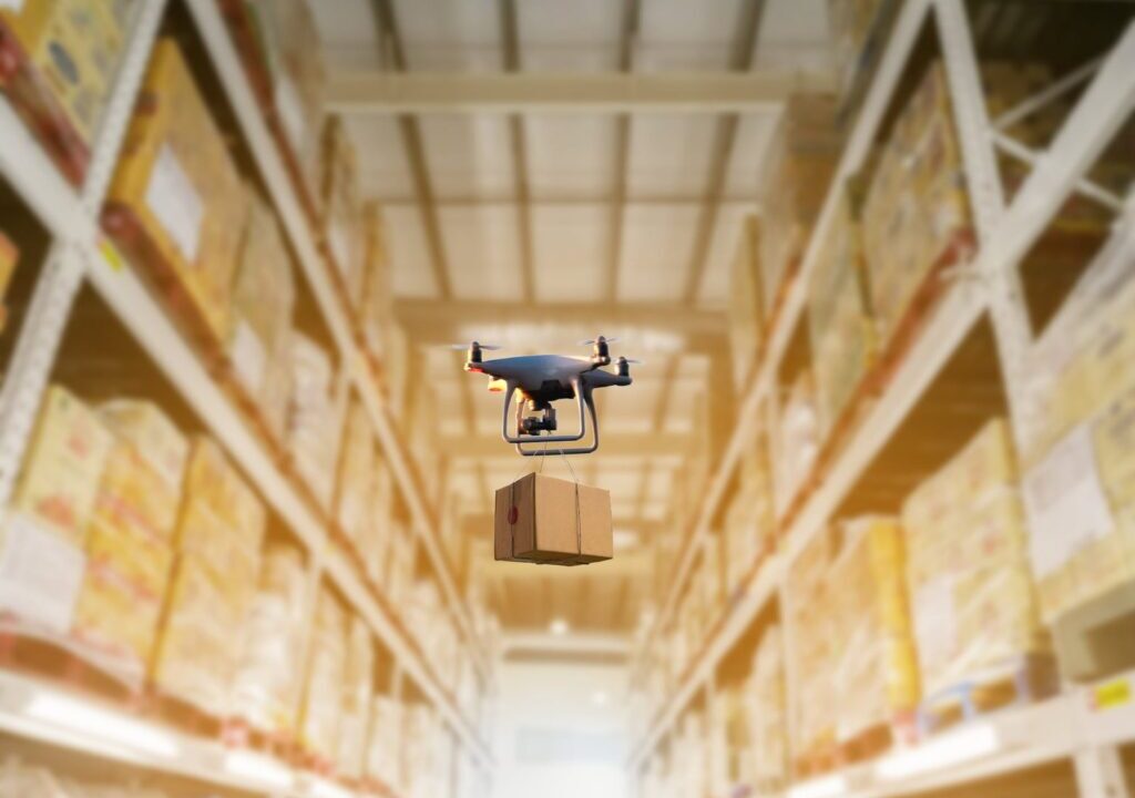 Drone scanning industrial warehouse inventory, an example of digital transformation