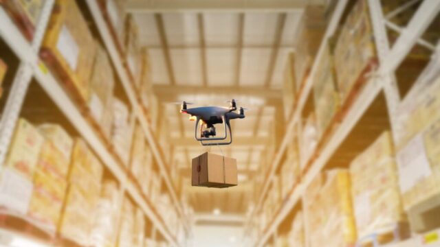 Drone scanning industrial warehouse inventory, an example of digital transformation