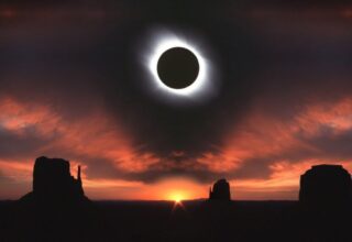 Total solar eclipse moment when the solar corona is visible above North America